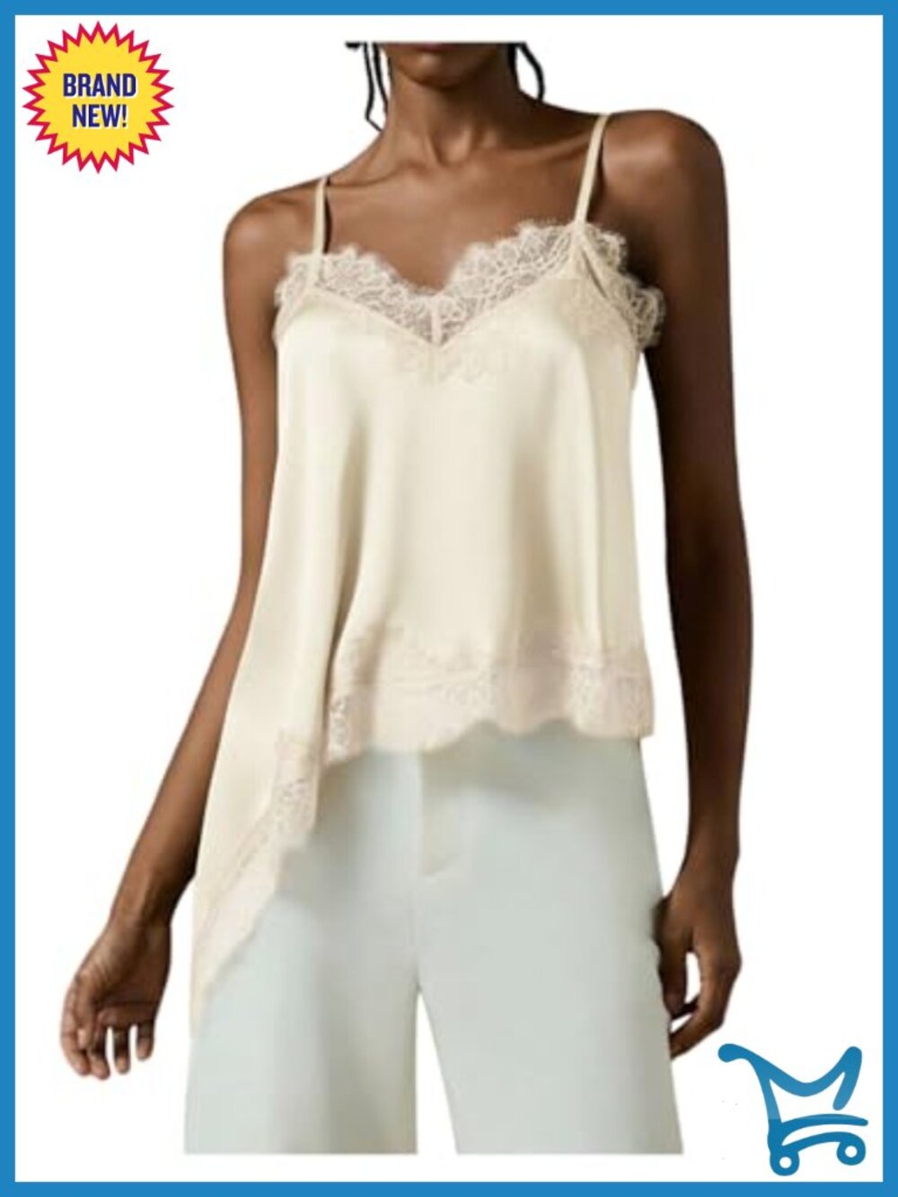 Lace Satin Cami Top Asymmetrical Sleeveless V-Neck Spaghetti Strap